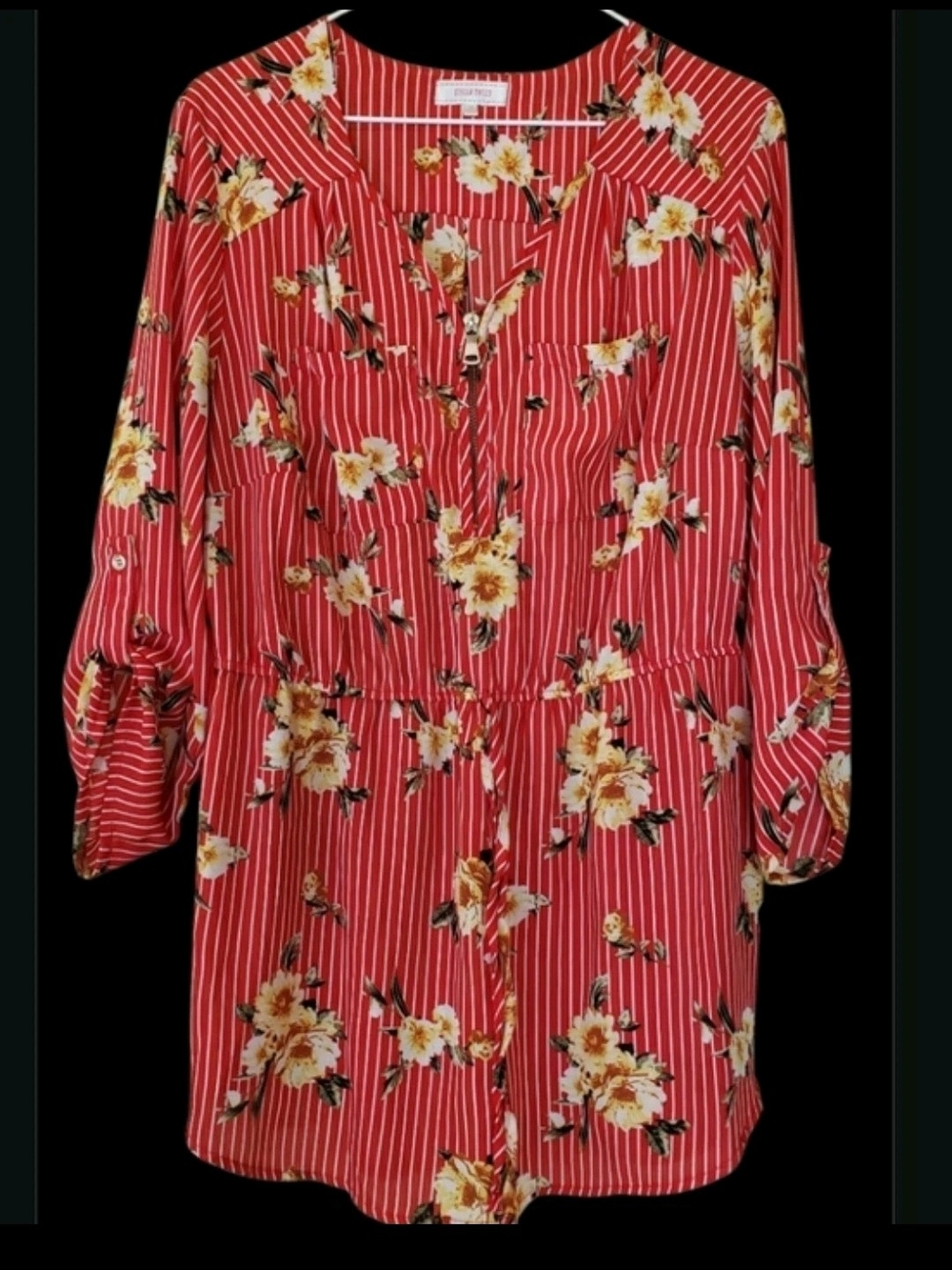 Stella Tweed Red Striped Floral Top Size 1X